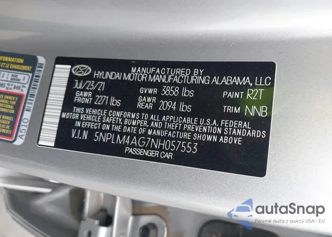 2022 Hyundai Elantra Sel z USA, uszkodzony, nr VIN 5NPLM4AG7NH057553